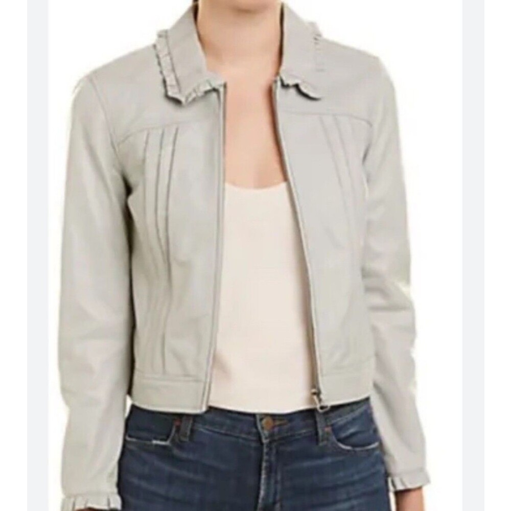 Rebecca Taylor Ruffle Lamb Leather Jacket pale sage Blue Size 4 New No Tag